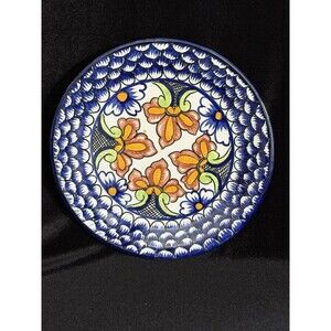 Mexican Talavera Puebla Mex. Dinner Plate, Cobalt Blue Scrolls/Multicolor Flower